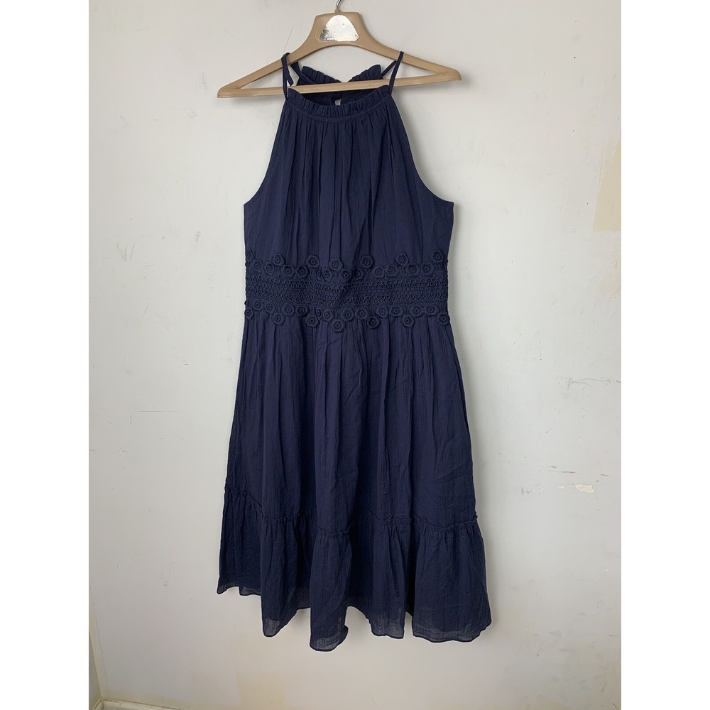 Eliza J Women Dress 12 Navy Blue Gauze Halter Crochet Tiered Boho Midi Coquette - Picture 2 of 8